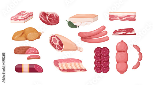 Meat fresh steaks meat delicatessen cartoon set. Sausages, smoked cervelat, meat steak for barbeque, salami, home-made bacon, meatloaf, bacon fillet, fried chicken, pork belly, beef shank