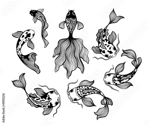 Japanese fish set, carp koi line drawing vector illustrations. Asian hand drawn waves isolated on white