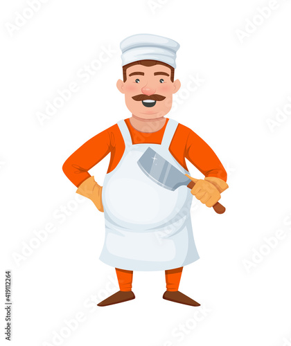 Professional butcher man cartoon set. Chef posing in apron, gloves with knife hatchet in his hand