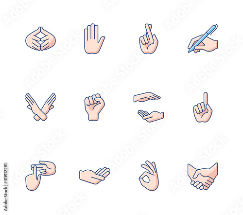 Hand gestures RGB color icons set. One finger - Pointing. Communication elements. Rhetorical devices. Hand writing with pen. Counting on fingers. Okay gesture. Isolated vector illustrations