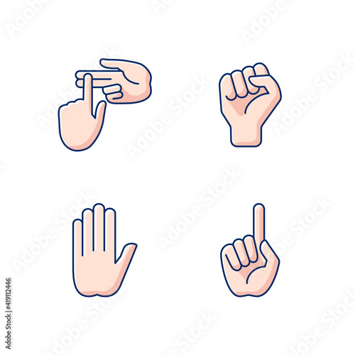 Hand gestures RGB color icons set. Raised fist. Stop doing something sign. Index finger up. Communication elements. Rhetorical devices. Communication with gestures. Isolated vector illustrations