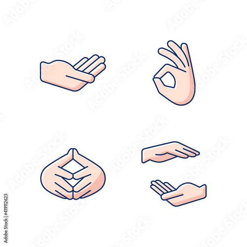 Hand gestures RGB color icons set. Okay gesture. Steeple hand. Communication elements. Rhetorical devices. Two hands holding something. Finger-tips touching each other. Isolated vector illustrations