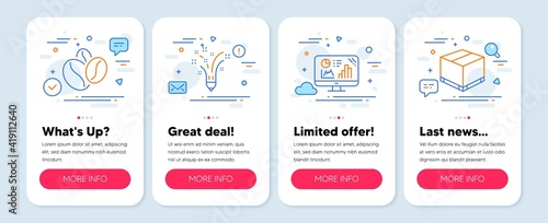 Set of Business icons, such as Coffee beans, Inspiration, Analytics graph symbols. Mobile screen mockup banners. Delivery box line icons. Roasted seeds, Creativity pencil, Growth report. Vector
