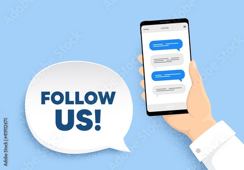 Follow us symbol. Hand hold phone with chat messages. Special offer sign. Super offer. Follow us chat bubble. Smartphone with chatting message. Messenger conversation. Vector