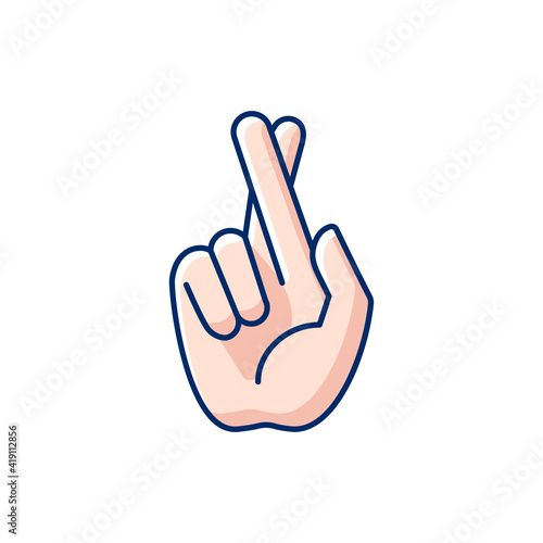 Crossed fingers RGB color icon. Hand gesture used to wish for luck. Keep your fingers crossed. Communication elements. Rhetorical devices. Implore God for protection. Isolated vector illustration