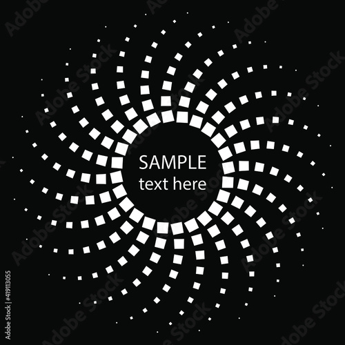 White curvy halftone square dots in circle form. Geometric art. Trendy design element for border frame, logo, blackout tattoo, symbol, web, prints, posters, template, pattern and abstract background