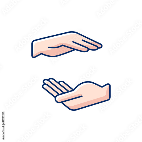 Two hands holding something RGB color icon. Communication elements. Free space for the premises of the object. Empty space between hands. Maternal care. Isolated vector illustration