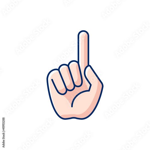 One finger pointing RGB color icon. Pointing with index finger of hand at something. Communication elements. Sign requiring attention. Rhetorical reception. Isolated vector illustration