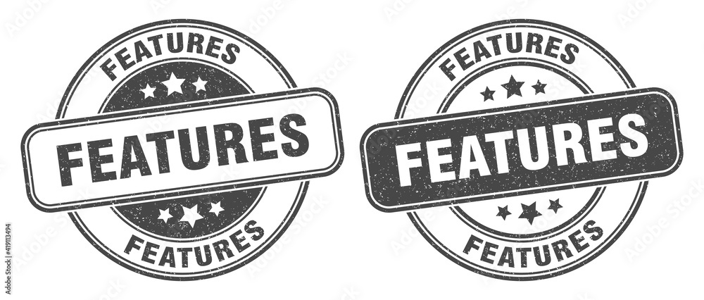 features stamp. features label. round grunge sign features stamp. features label. round grunge sign