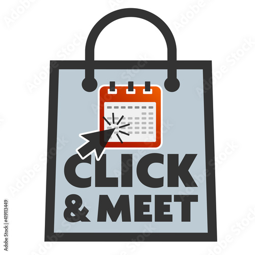 CLICK AND MEET sticker or symbol with calendar icon and shopping bag, in person shopping after making appointment online concept