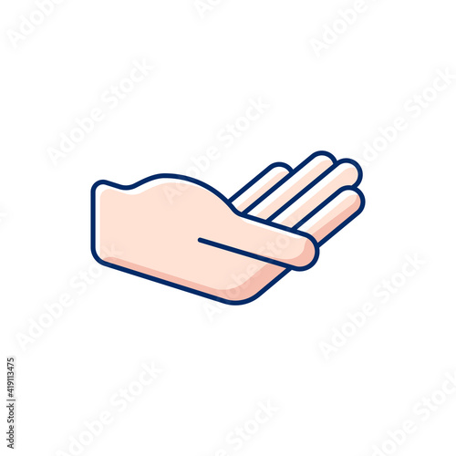 Hand holding something RGB color icon. Communication elements. Rhetorical devices. Human palm birchily supports the object. Free palm space for object insertion. Isolated vector illustration