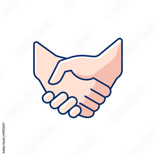 Handshake RGB color icon. Successful business deal. Communication elements. Partnerships. Mutually beneficial deal. Reaching agreement. Gesture of courtesy. Isolated vector illustration