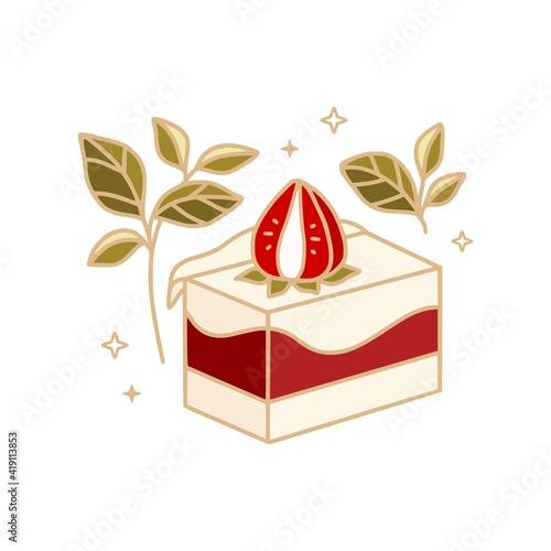 Hand drawn cake, pastry, bakery and cafe logo elements with floral leaf and strawberry fruit isolated on white background