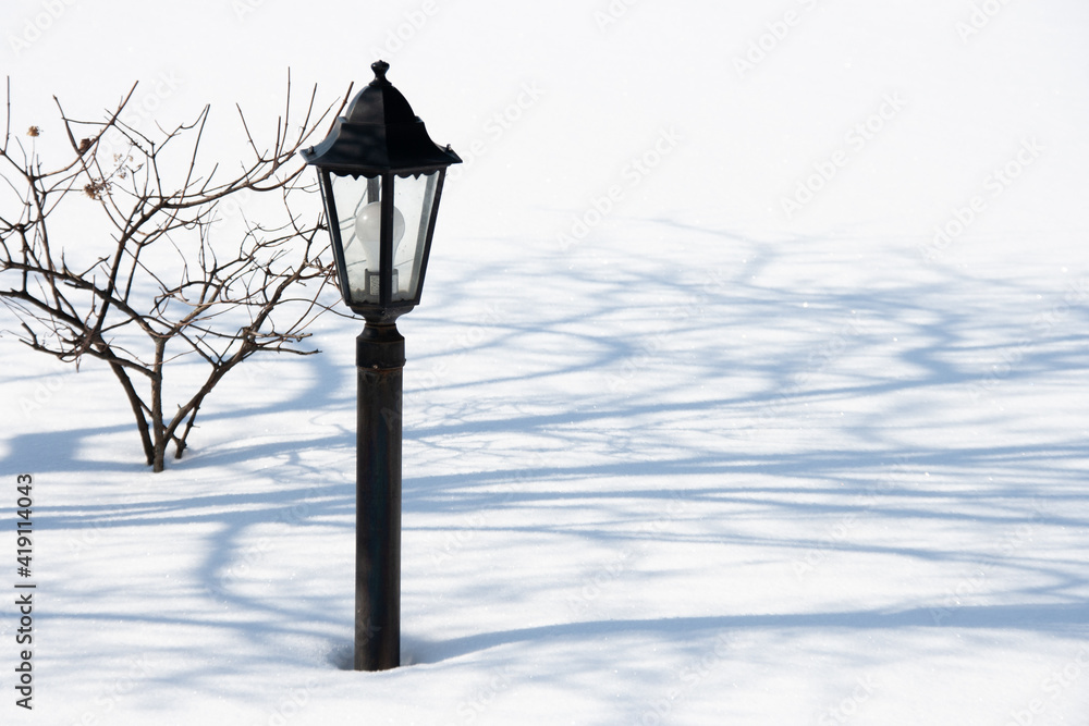 Street lamp on the background of blue shadows from trees in the snow Street lamp on the background of blue shadows from trees in the snow