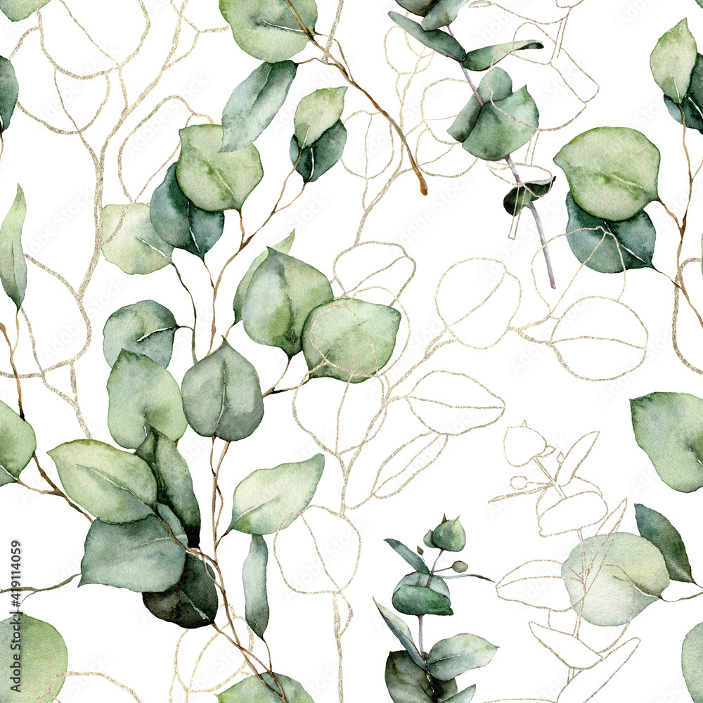 Watercolor seamless pattern of gold eucalyptus branches, seeds and linear leaves. Hand painted tropical plants isolated on white background. Floral illustration for design, print, fabric, background. Watercolor seamless pattern of gold eucalyptus branches, seeds and linear leaves. Hand painted tropical plants isolated on white background. Floral illustration for design, print, fabric, background.