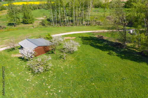 Bird's eye view of a hut in a blossoming spring landscape in the Taunus / Germany  photo