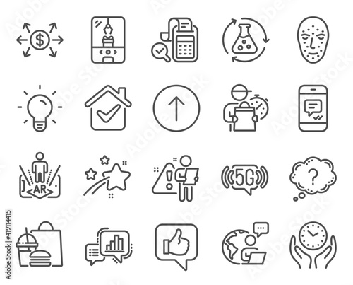 Technology icons set. Included icon as Message, Swipe up, Like signs. Graph chart, Augmented reality, Crane claw machine symbols. Question mark, Face biometrics, Bill accounting. Safe time. Vector