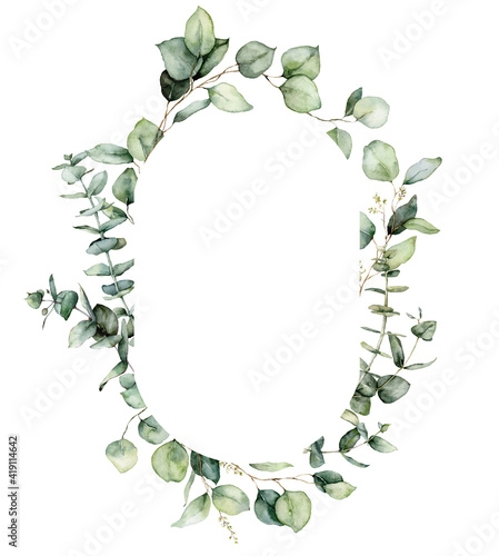 Watercolor oval frame of eucalyptus branches, seeds and leaves. Hand painted card of silver dollar plants isolated on white background. Floral illustration for design, print, fabric or background.