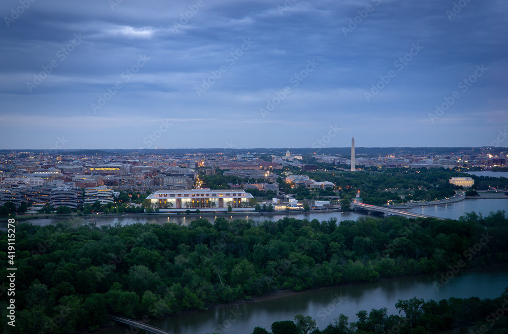 Top view scene of Washington DC down town which can see United states Capitol, washington monument, lincoln memorial and thomas jefferson memorial