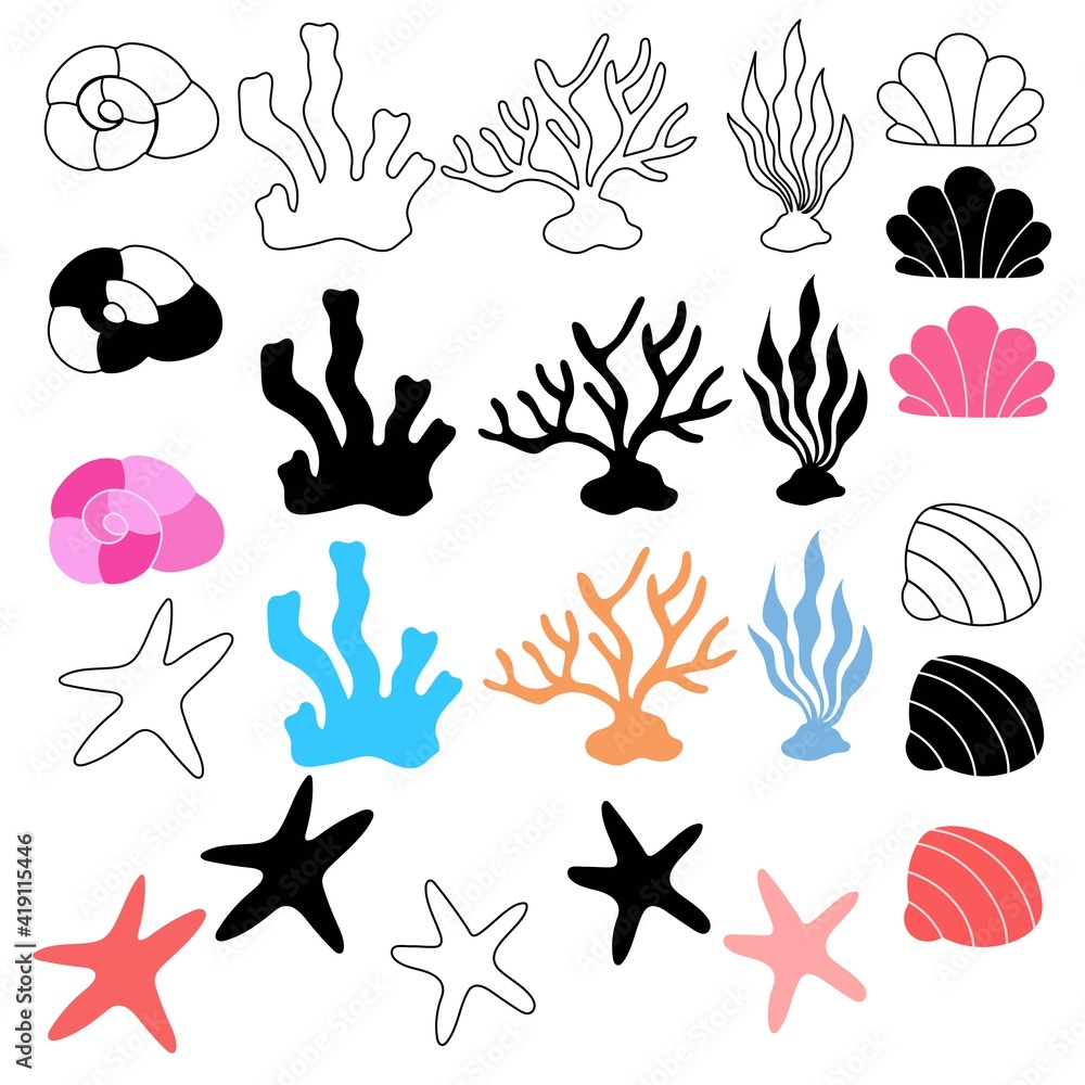 Children's illustration of a marine scenery in black and white, color and linear version on a white background. For a children's magazine, postcards, educational toys, coloring pages, stickers. Sea