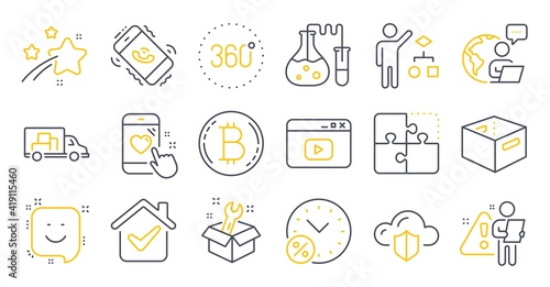 Set of Technology icons, such as Truck transport, Call center, Chemistry lab symbols. Spanner, Cloud protection, Heart rating signs. Bitcoin, Video content, Algorithm. Puzzle, Smile. Vector