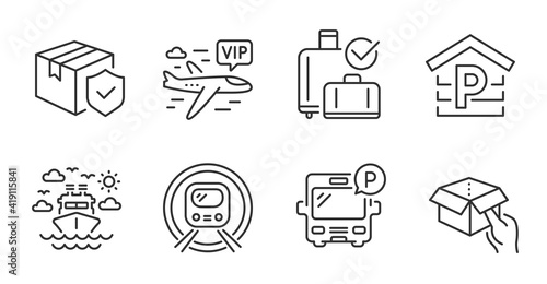 Bus parking, Ship travel and Baggage reclaim line icons set. Vip flight, Hold box and Parcel insurance signs. Metro subway, Parking symbols. Public park, Cruise transport, Check in bag. Vector