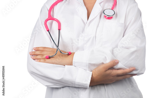 Caucasian doctor woman with pink stethoscope