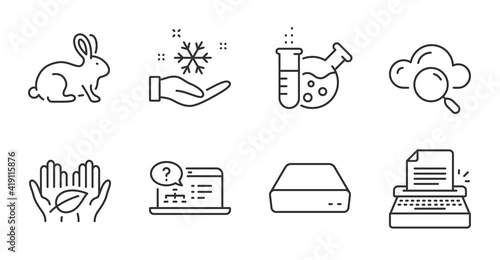 Online help, Chemistry lab and Animal tested line icons set. Mini pc, Typewriter and Freezing signs. Fair trade, Cloud computing symbols. Web support, Laboratory, Bio product. Science set. Vector