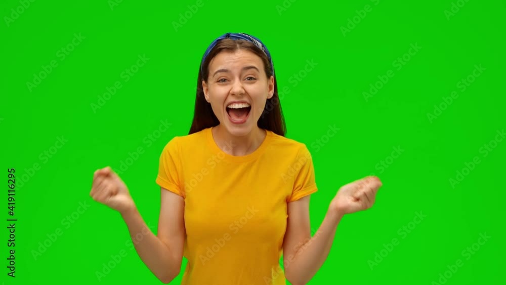 Emotional girl rejoices in victory. Alpha channel Emotional girl rejoices in victory. Alpha channel