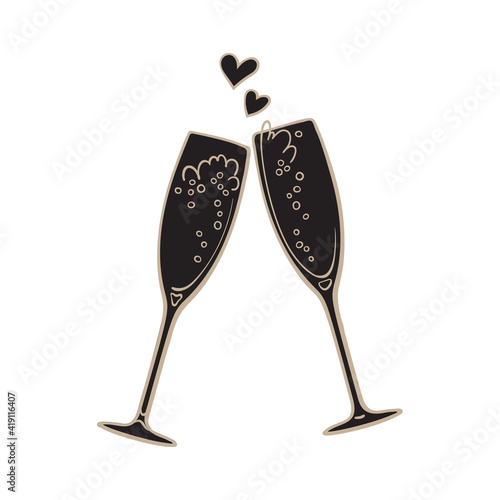 Black silhouette of two sparkling glasses of champagne. Retro style vector illustration isolated on white background.