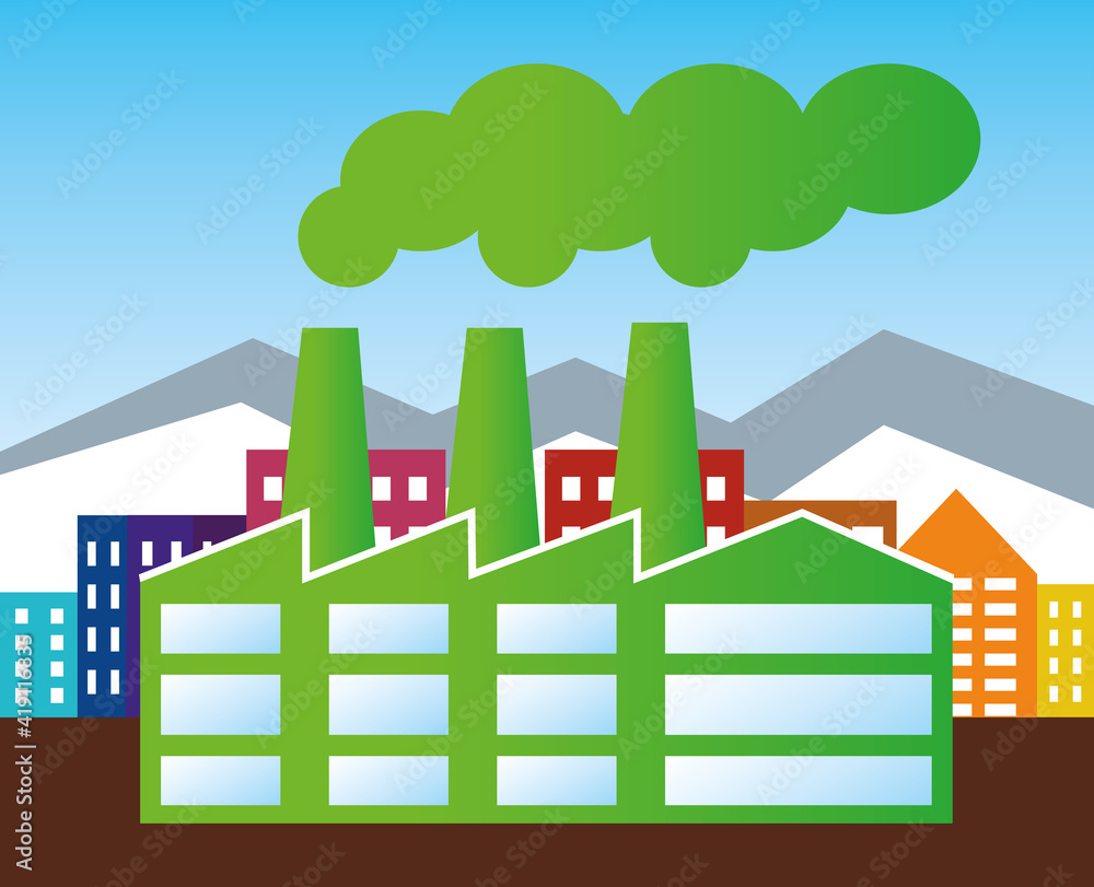 Green industry. Clean smoke. Local factory. Vector illustration.