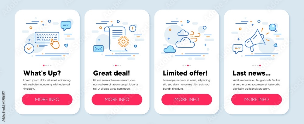 Set of line icons, such as Technical documentation, Windy weather, Computer keyboard symbols. Mobile app mockup banners. Megaphone line icons. Manual, Cloud wind, Pc device. Vector