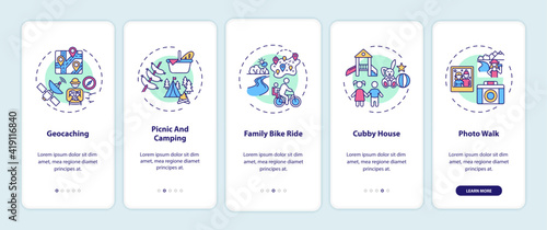 Outdoor family activities onboarding mobile app page screen with concepts. Picnic and camping walkthrough 5 steps graphic instructions. UI vector template with RGB color illustrations