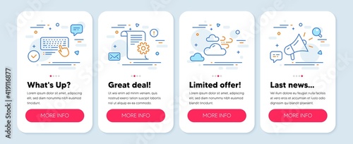Set of line icons, such as Technical documentation, Windy weather, Computer keyboard symbols. Mobile app mockup banners. Megaphone line icons. Manual, Cloud wind, Pc device. Vector