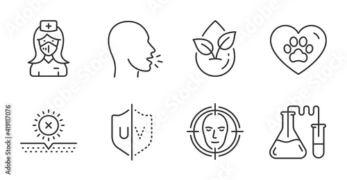 Pets care, Nurse and Chemistry lab line icons set. Cough, Organic product and Face detect signs. No sun, Uv protection symbols. Love animals, Medical mask, Medical laboratory. Healthcare set. Vector