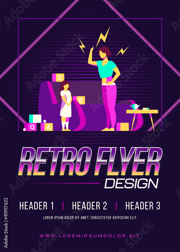 Mother scolding little daughter. Mom shouting at kid, toys, home flat vector illustration. Problem in family, childhood, abuse concept for banner, website design or landing web page