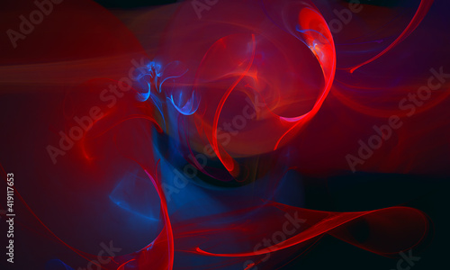 Digital illustration of red hot silky substance or matter with blue stains on dark background. Airy and light drapery banner. Also great as fiery overlay, festive card, flyer, print, cover, poster.