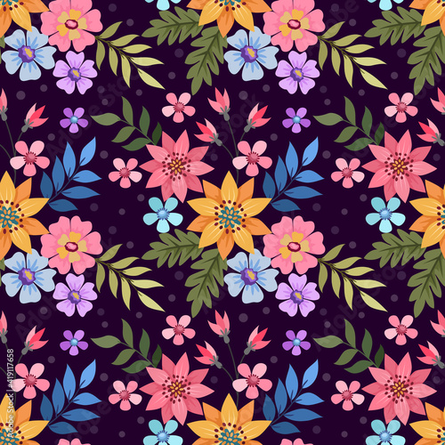 Colorful hand draws flowers and leaves on black background seamless pattern for fabric textile wallpaper and backdrop.