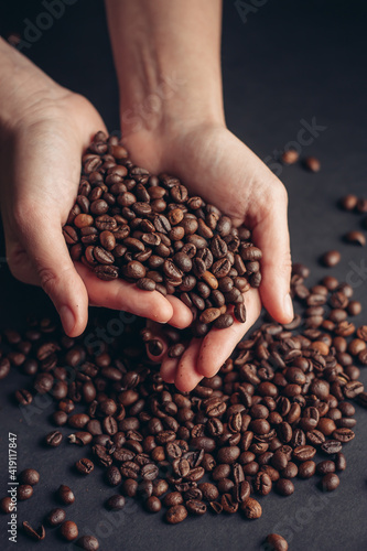 coffee beans in hands aroma morning vigor drink