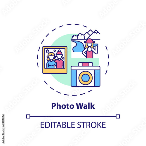 Fototapeta Naklejka Na Ścianę i Meble -  Photo walk concept icon. Outdoor family activities. Walk around with camera. Children taking pictures idea thin line illustration. Vector isolated outline RGB color drawing. Editable stroke