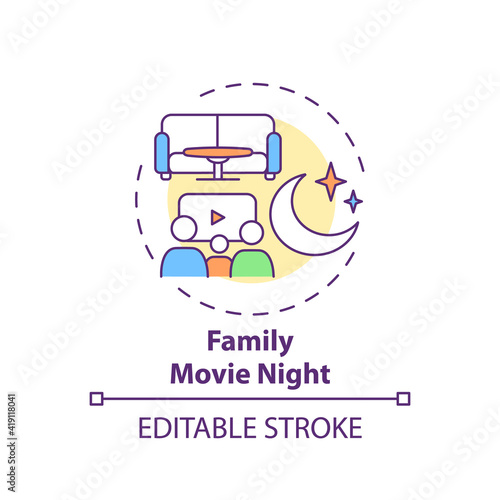 Family movie night concept icon. Indoor family activities. Watching films with children. Relaxing family evening idea thin line illustration. Vector isolated outline RGB color drawing. Editable stroke