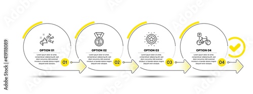 Winner star, Ole chant and Best rank line icons set. Timeline process infograph. Bicycle parking sign. Best award, Megaphone, Success medal. Bike park. Sports set. Infographics timeline banner. Vector