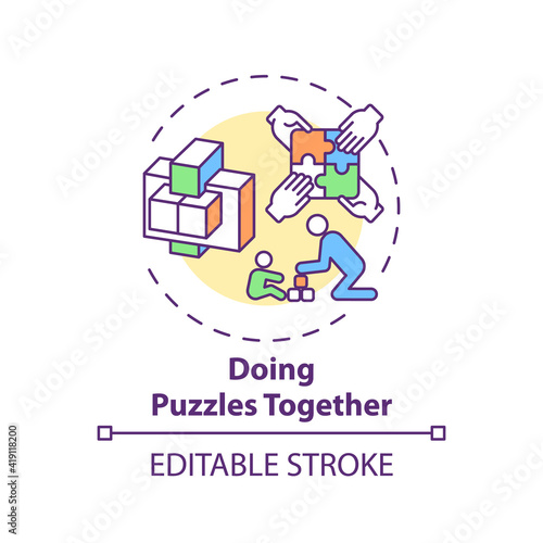 Doing puzzles together concept icon. Indoor family activities. Upgrading kids attention to details. Children idea thin line illustration. Vector isolated outline RGB color drawing. Editable stroke