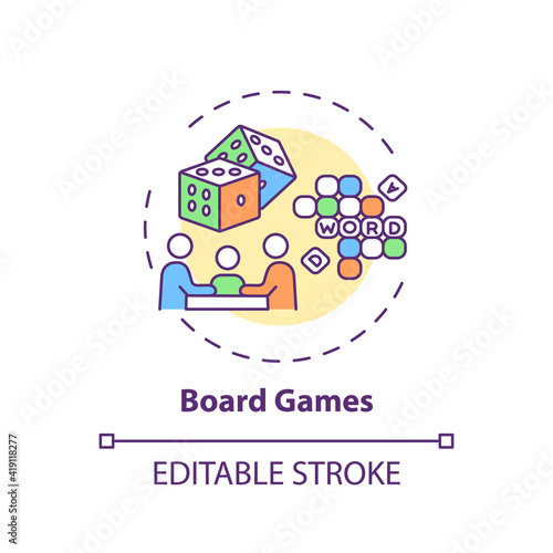 Board games concept icon. Indoor family activities. Competition between parents and children. Evening activities idea thin line illustration. Vector isolated outline RGB color drawing. Editable stroke