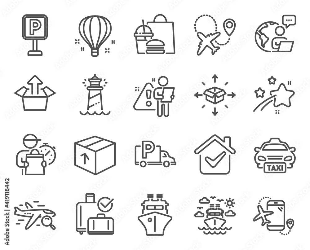 Transportation icons set. Included icon as Flights application, Taxi, Lighthouse signs. Parcel delivery, Air balloon, Package symbols. Truck parking, Ship travel, Send box. Airplane, Ship. Vector