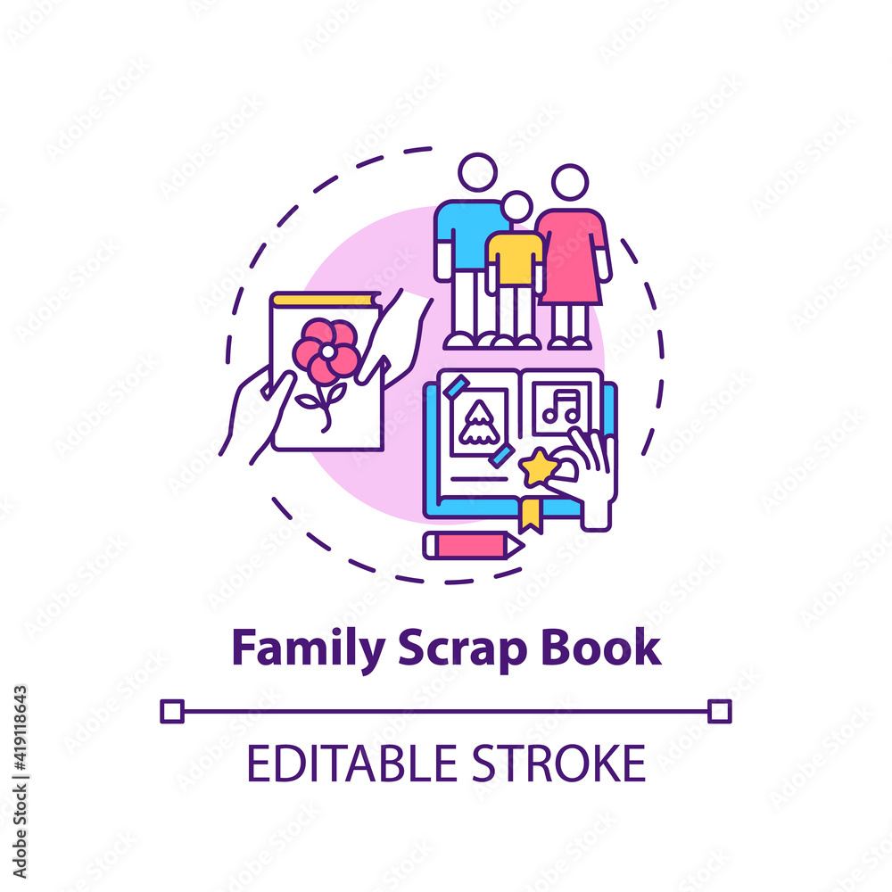 Family scrap book concept icon. Family bonding tips. Creating history of your family photo book. Activity idea thin line illustration. Vector isolated outline RGB color drawing. Editable stroke