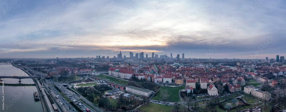 drone shot Panorama of Warsaw