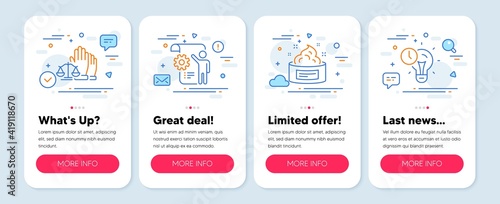 Set of Business icons, such as Settings blueprint, Court jury, Skin cream symbols. Mobile screen banners. Time management line icons. Engineering cogwheel, Justice voting, Medical cosmetic. Vector