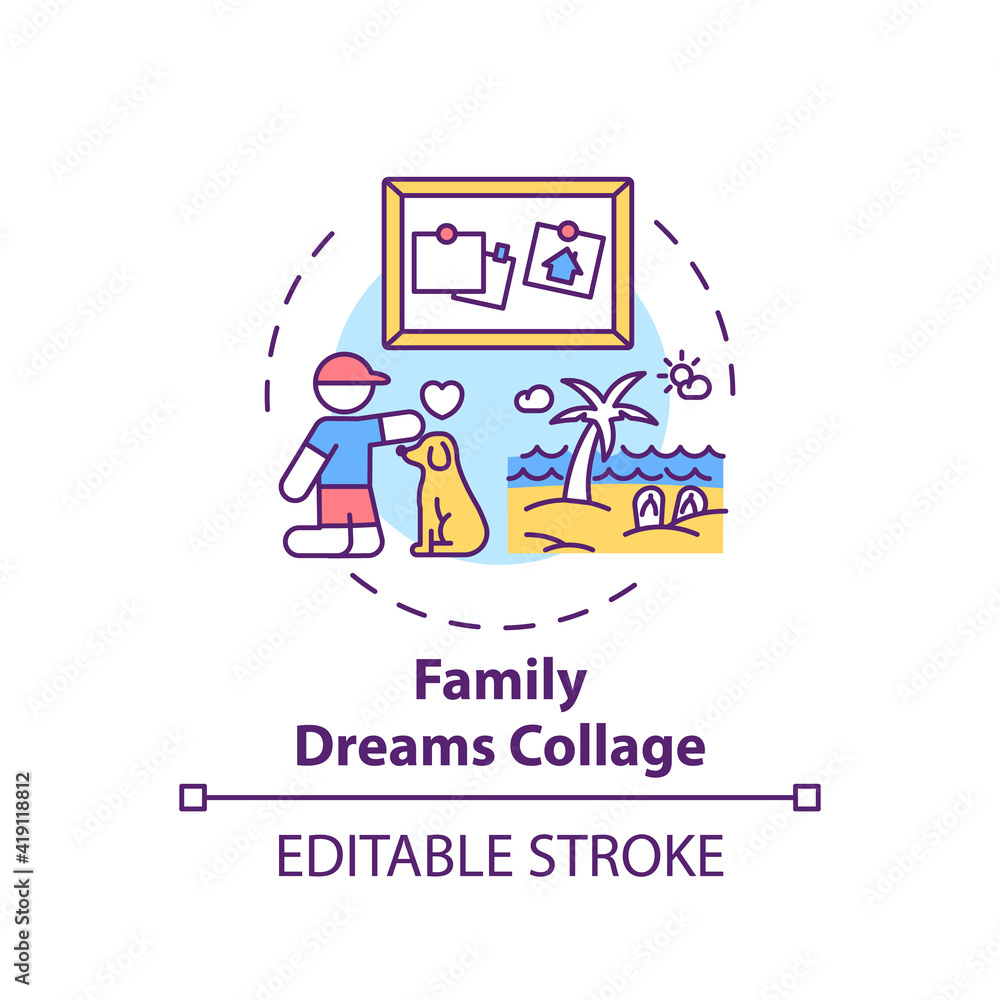Family dreams collage concept icon. Family fun ideas. Expecting better future for children. Improvements idea thin line illustration. Vector isolated outline RGB color drawing. Editable stroke Family dreams collage concept icon. Family fun ideas. Expecting better future for children. Improvements idea thin line illustration. Vector isolated outline RGB color drawing. Editable stroke