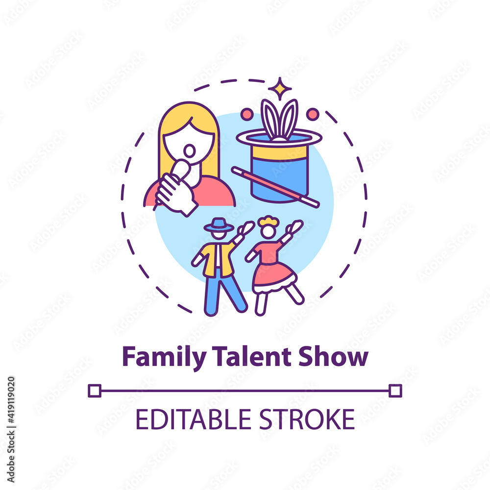 Family talent show concept icon. Family fun ideas. Time to show skills of parents and kids. Interesting activity idea thin line illustration. Vector isolated outline RGB color drawing. Editable stroke